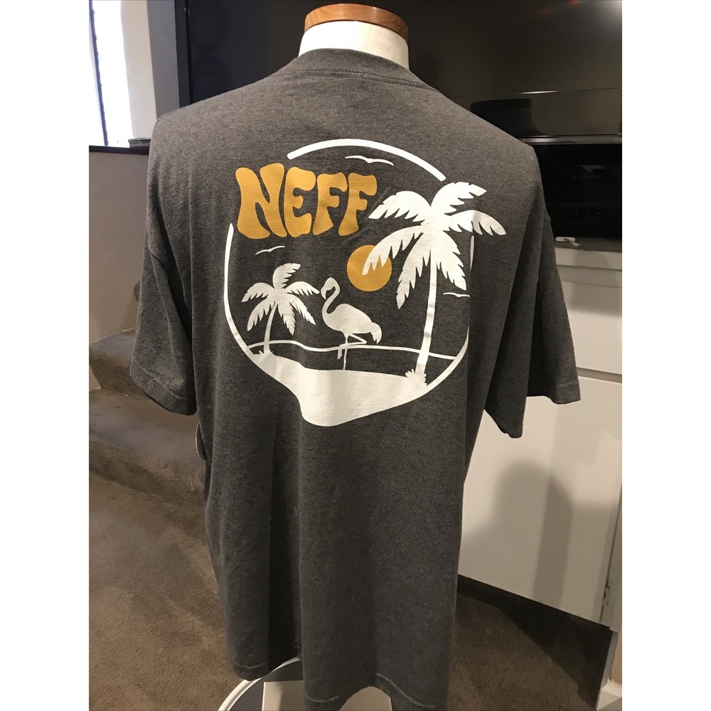 Neff Mens T-Shirt Gray Graphic Flamingo & Palm Trees Design Sz XXL Short Sleeve